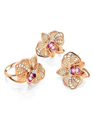 Golden Floral Earrings With Crystals And Pink Enamel, image , picture 3