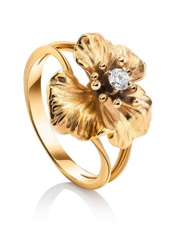 Golden Floral Ring With White Diamond, Ring Size: 7 / 17.5, image 