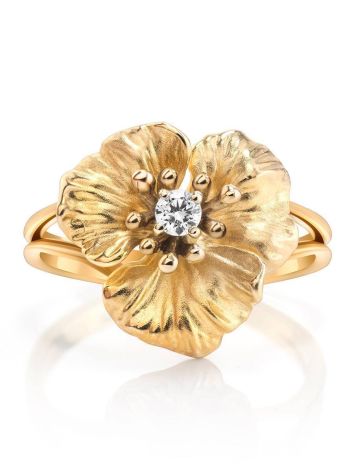 Golden Floral Ring With White Diamond, Ring Size: 7 / 17.5, image , picture 3