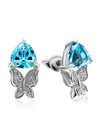 Charming Silver Earrings With Blue Stone And Crystals, image 