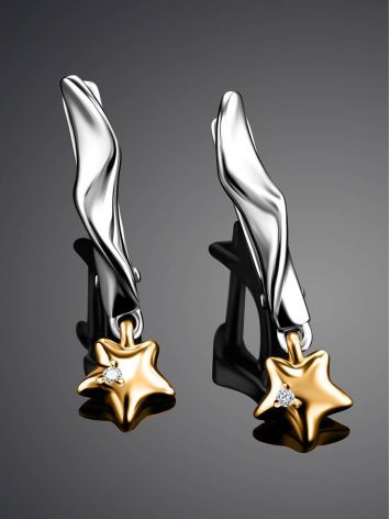 Silver Earrings With Golden Diamond Star Shaped Dangles The Diva, image , picture 2