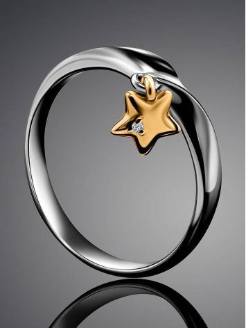 Silver Ring With Golden Diamond Star Shaped Dangle The Diva, Ring Size: 8 / 18, image , picture 2