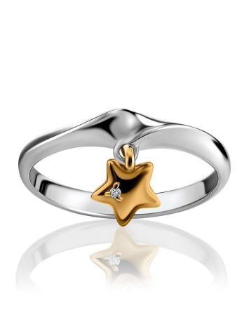 Silver Ring With Golden Diamond Star Shaped Dangle The Diva, Ring Size: 8 / 18, image , picture 3