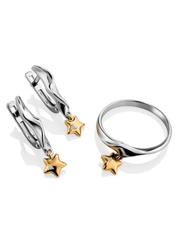 Silver Ring With Golden Diamond Star Shaped Dangle The Diva, Ring Size: 8 / 18, image , picture 4