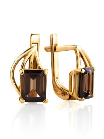Elegant Golden Earrings With Smoky Quartz, image 