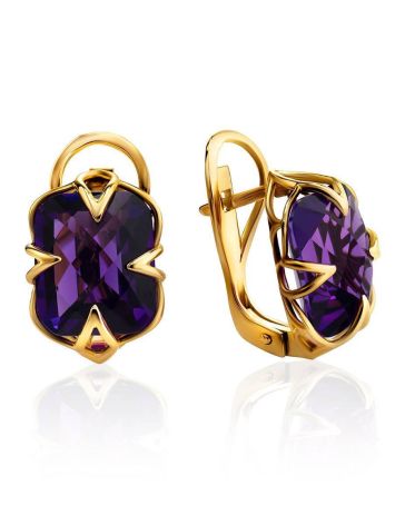 Golden Earrings With Bright Amethyst Centerpieces, image 