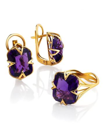 Golden Cocktail Ring With Bright Amethyst, Ring Size: 7 / 17.5, image , picture 5