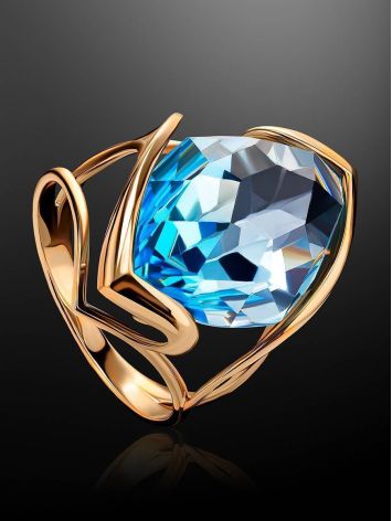 Golden Cocktail Ring With Light Blue Topaz, Ring Size: 7 / 17.5, image , picture 2