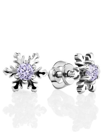 Silver Snowflake Stud Earrings With Lilac Crystals The Aurora							, image 