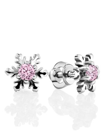 Silver Snowflake Stud Earrings With Light Pink Crystals The Aurora								, image 
