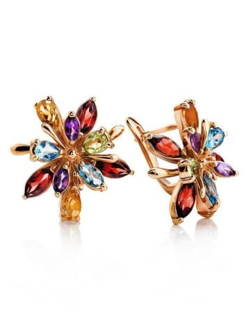 Golden Floral Earrings With Multicolor Gemstones, image 