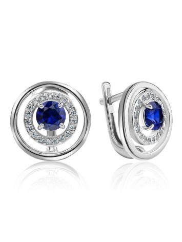 Round Silver Earrings With Blue And White Crystals, image 