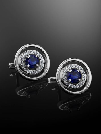Round Silver Earrings With Blue And White Crystals, image , picture 2
