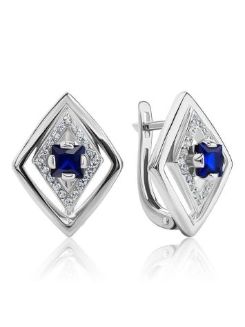 Geometric Silver Earrings With Blue And White Crystals, image 
