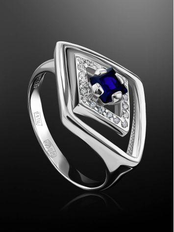 Silver Ring With Synthetic Sapphire And White Crystals, Ring Size: 6.5 / 17, image , picture 2