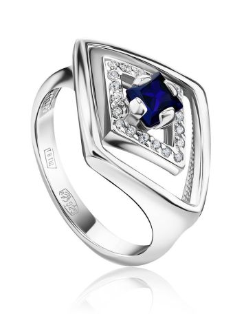 Silver Ring With Synthetic Sapphire And White Crystals, Ring Size: 6.5 / 17, image 