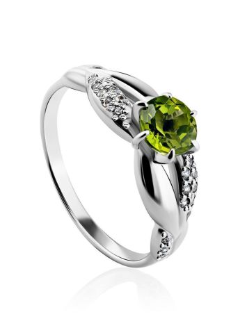 Silver Ring With Bright Chrysolite And White Crystals, Ring Size: 6 / 16.5, image 