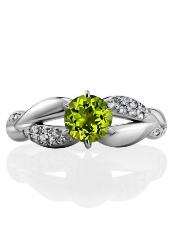 Silver Ring With Bright Chrysolite And White Crystals, Ring Size: 6 / 16.5, image , picture 3