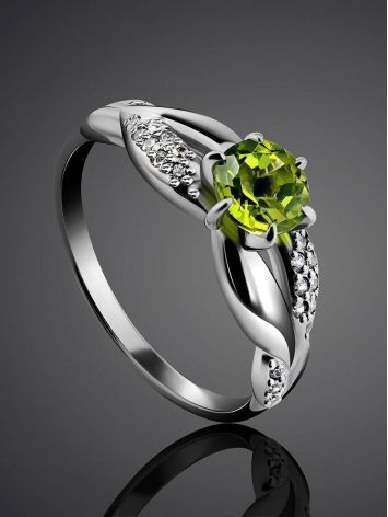 Silver Ring With Bright Chrysolite And White Crystals, Ring Size: 6 / 16.5, image , picture 2
