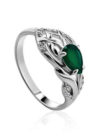 Silver Ring With Green Agate And White Crystals, Ring Size: 6.5 / 17, image 