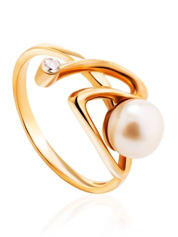 Twisted Golden Ring With Pearl And White Crystal, Ring Size: 7 / 17.5, image 