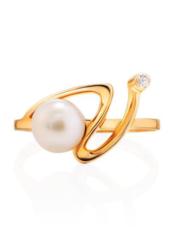 Twisted Golden Ring With Pearl And White Crystal, Ring Size: 7 / 17.5, image , picture 3