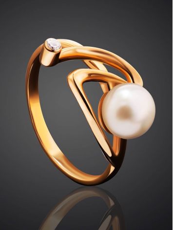 Twisted Golden Ring With Pearl And White Crystal, Ring Size: 7 / 17.5, image , picture 2