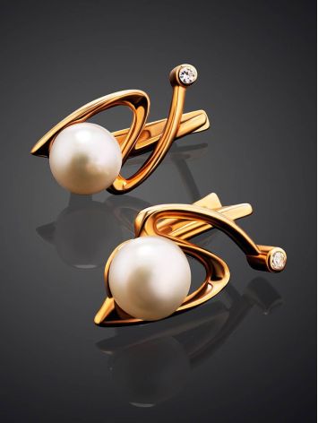 Elegant Golden Earrings With Pearl And Crystals, image , picture 2