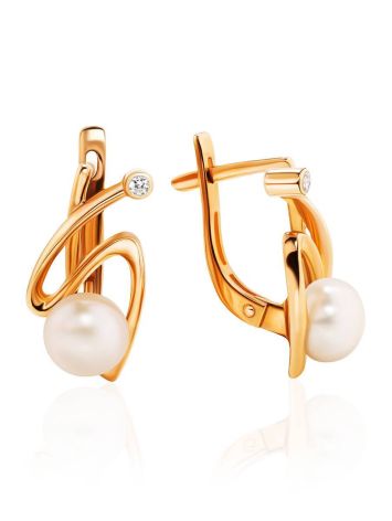 Elegant Golden Earrings With Pearl And Crystals, image 
