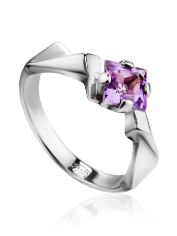 Geometric Silver Ring With Amethyst, Ring Size: 7 / 17.5, image 