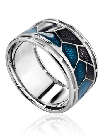 Silver Band Ring With Black And Blue Enamel, Ring Size: 8 / 18, image 