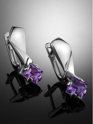Futuristic Silver Earrings With Amethyst, image , picture 2