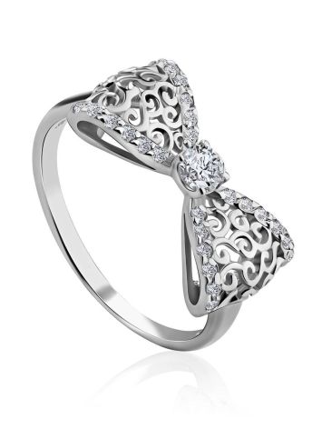 Ornate Silver Filigree Bow Ring With Crystals, Ring Size: 5 / 15.5, image 
