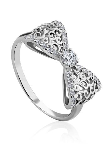 Ornate Silver Filigree Bow Ring With Crystals, Ring Size: 6.5 / 17, image 