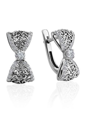 Cute Silver Bow Earrings With Crystals, image 