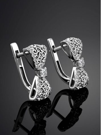 Cute Silver Bow Earrings With Crystals, image , picture 2