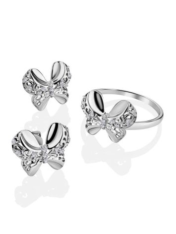 Filigree Silver Bow Ring With Crystals, Ring Size: 6.5 / 17, image , picture 4