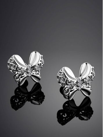Romantic Silver Bow Studs With Crystals, image , picture 2
