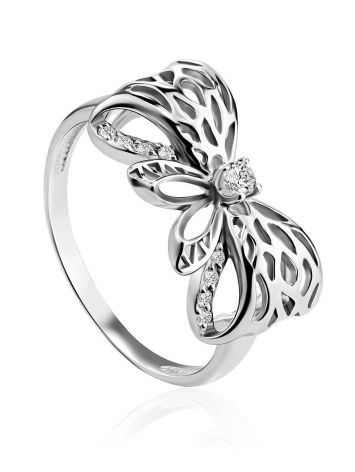 Ornate Silver Bow Ring With Crystals, Ring Size: 6 / 16.5, image 