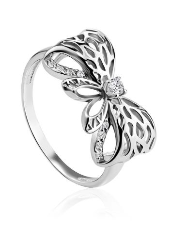 Ornate Silver Bow Ring With Crystals, Ring Size: 7 / 17.5, image 