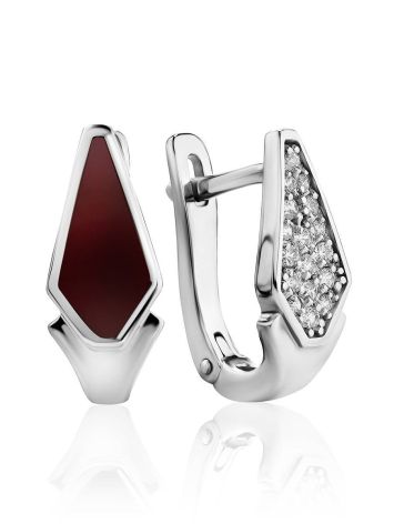 Red Enamel and Crystal Silver Earrings, image 