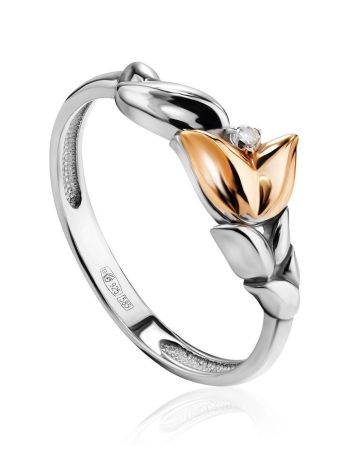 Silver Floral Ring With Golden Flower And Diamond The Diva, Ring Size: 6 / 16.5, image 