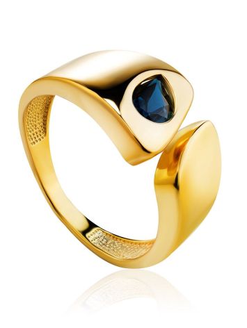Bold Gold Plated Open Ring With Blue Crystal, Ring Size: 6 / 16.5, image 