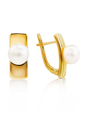 Geometric Gold Plated Earrings With Pearl, image 