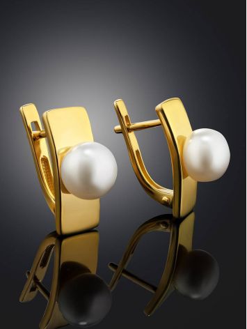 Geometric Gold Plated Earrings With Pearl, image , picture 2