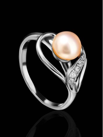 Серебряное кольцо с культивированным жемчугом и фианитами, Ring Size: 6.5 / 17, image , picture 2