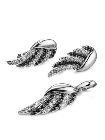 Silver Wing Earrings With Black And White Crystals, image , picture 3