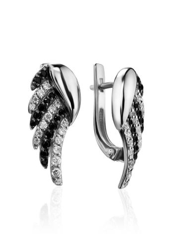 Silver Wing Earrings With Black And White Crystals, image 