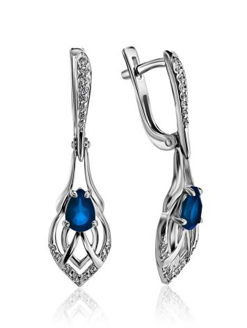 Silver Dangle Earrings With Blue And White Crystals, image 