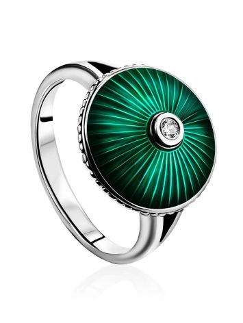 Green Enamel Silver Ring With Crystal The Heritage, Ring Size: 6.5 / 17, image 